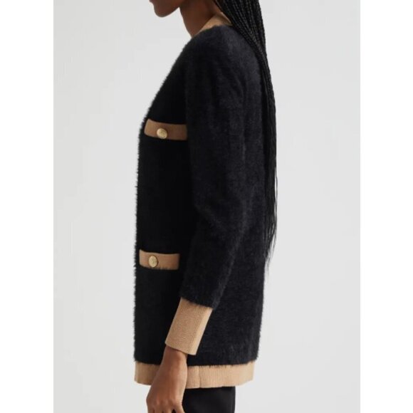 L'AGENCE 'Elin' 4-Pocket Fuzzy Cardigan Sweater, Black/Camel - Picture 3 of 4